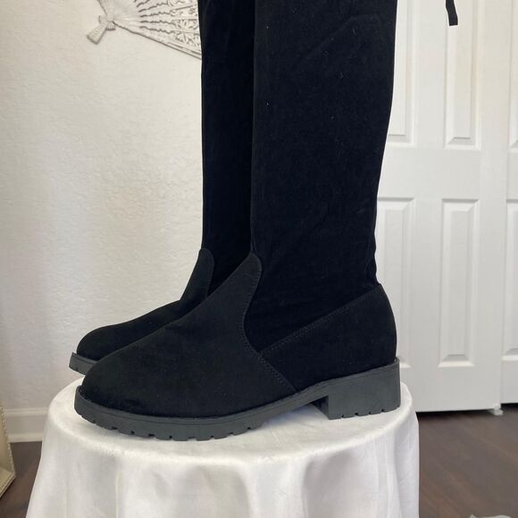 Boho Whimsygoth Faux Suede Black Flat Over The Knee Tassel Boots US 9.5 EU 40 - Picture 3 of 7